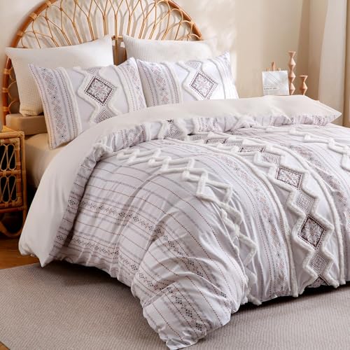 Herside Light Brown 100% Cotton Boho Duvet Cover Set Queen Size, 3-Piece Tufted Textured Modern Boho Moroccan Bedding, Aztec Geometric Farmhouse Comforter Cover with 8 Corner Ties & Double Zipper - color: Light Brown, size: Queen(No Comforter)