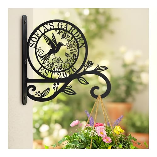 Personalized Metal Plant Hanger Bracket, Custom Name Hanging Plant Hook for Indoor Outdoor Use, Decorative Wall Mount Garden Hook for Flower Baskets, Bird Feeder, Wind Chime (Garden 2) - style: Garden 2