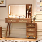 47" Rattan Vanity Table with Mirror and Lights, Brown Makeup Vanity with Storage & 5 Drawers, Boho Vanitys Desk with Shelves for Bedroom, 3 Lighting Modes, Adjustable Brightness (Walnut) - color: Walnut