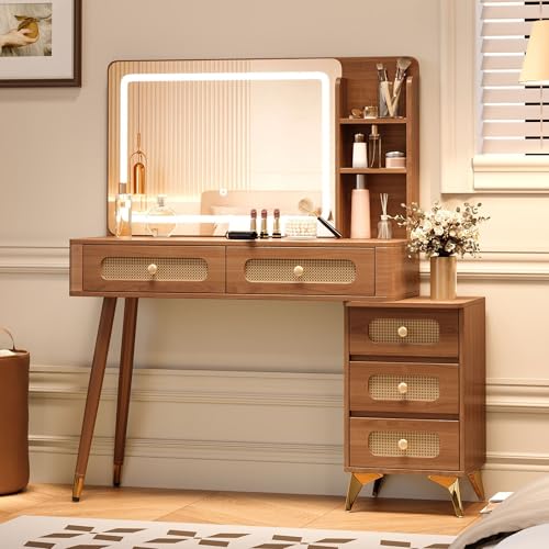 47" Rattan Vanity Table with Mirror and Lights, Brown Makeup Vanity with Storage & 5 Drawers, Boho Vanitys Desk with Shelves for Bedroom, 3 Lighting Modes, Adjustable Brightness (Walnut) - color: Walnut