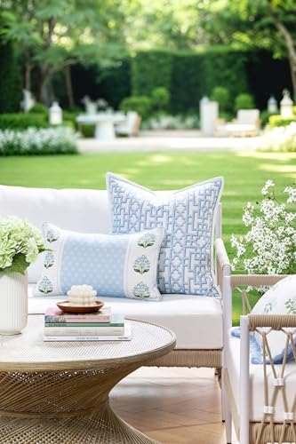 Hofdeco Premium Grandmillennial Coastal Hampton Patio Indoor Outdoor Lumbar Pillow Cover Only, 12"x20" Water Repellent for Backyard, Couch, Poolside, Blue Green Block Print Striped Lily of the Valley - color: Baby Blue Green Block Print Striped Lily of th