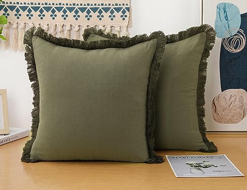 NUYECY Set of 2 Natural Linen Fringed Throw Pillow Covers,Olive Green Neutral Decorative Pillowcase with Chic Tassel Burlap Boho Large Cushion Covers for Couch Sofa Farmhouse,26x26 inches - color: Olive Green, size: 26" x 26" (Pack of 2)