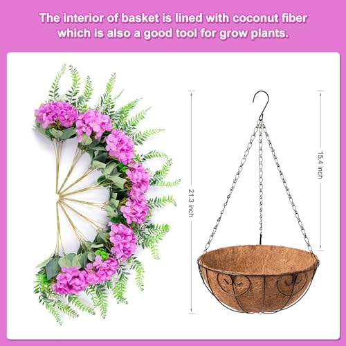 Ammyoo Artificial Flowers in Hanging Basket Planter for Home Spring Summer Decoration, Silk Hydrangea Outdoor Indoor Arrangements, 12" Metal Coconut Lining Basket with Faux Plant(Purple) - color: Z-purple With Basket
