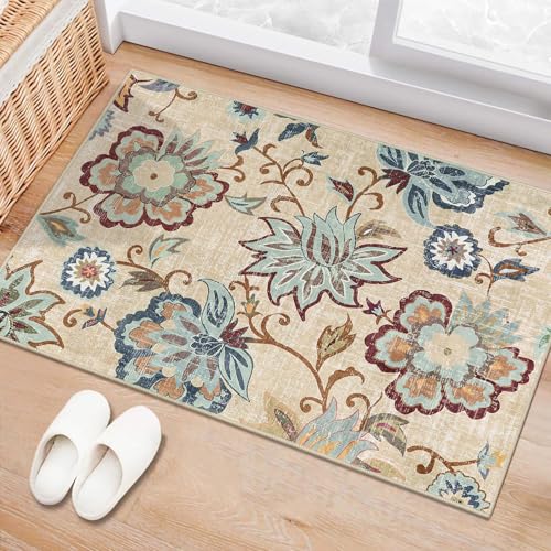 Beeiva Floral Rugs for Entryway 2x3, Paisley Washable Entryway Rug Non Slip Ultra Thin, No Skid Throw Door Mat Indoor Entrance Small Carpet for Kitchen Bathroom Bedroom - color: Cream, size: 2' x 3' (Rectangular)