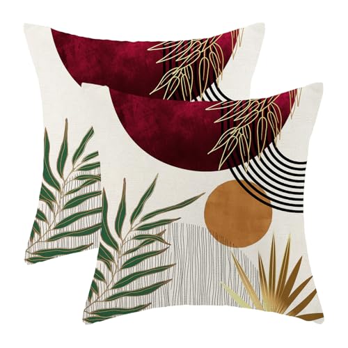 Boho Pillow Covers 16x16 Set of 2 Mid Century Burgundy Red Green Gold Sunset Throw Pillow Covers Outdoor Decor Abstract Bohemian Tropical Leaf Pillowcase Decorative Cushion Case for Home Sofa - color: Mid-century-burgundy Red, size: 16" x 16" (Pack of 2)