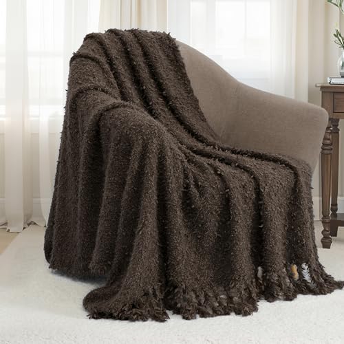 Knit Throw Blanket Fluffy Fuzzy Soft Lightweight Cozy Farmhouse Tassels Chunky Knitted Throws for Couch Sofa Bed (Brown, 50"x60") - color: Brown, size: 50"x60"