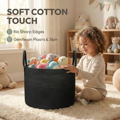 JMvicyroam 65L Extra Large Blanket Basket for Living Room - Woven Cotton Rope Laundry Hamper with Reinforced Handles - Storage Bin for Pillows, Comforters & Toys - Machine Washable,Black - color: Black, size: 65L
