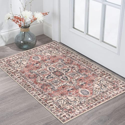 KOZYFLY Small Area Rug 2x3 Ft Rugs for Entryway Washable Boho Entry Rug Non Slip Door Mat Indoor Entrance Faux Wool Vintage Printed Kitchen Rug Throw Rugs for Entrance Kitchen, Red Salmon/Pink/Navy - color: Red Salmon/Pink/Navy, size: 2' x 3' (Rectangular