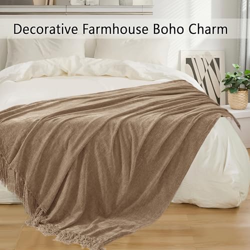 Chenille Throw Blanket for Couch 50"X 60", Soft Cozy Throws with Fringe Tassel for Bed Sofa Chair Cover, Lightweight Knitted Decorative Boho Blankets for Living Room, Taupe - color: Taupe, size: 50x60 inch