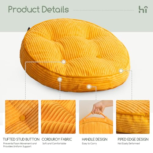 HIGOGOGO Floor Pillow Cushion for Adults, Meditation Cushion Pillow, Large Round Floor Sitting, Tufted Corduroy Cover, for Tatami Living Room or Yoga, 22x22 Inch, 2Pack, Orange - color: Round Orange, size: 4" Thick(Pack of 2)