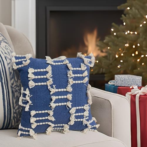Bohemian Pillow Covers 18x18 Inch Square Modern Rustic Throw Pillow Covers with Tufted Accents for Living Room, Bedroom, Couch, (Blue) - color: Blue