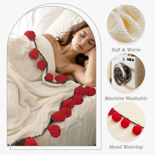 Flower Bouquet Blanket, Birthday Gifts for Mom Teacher Women Grandkids Wife Girlfriend Her, Crochet Flower Blanket, Soft Knitted Throw Blankets for Teacher Appreciation Housewarming Gifts (Red Roses) - color: B-red Roses