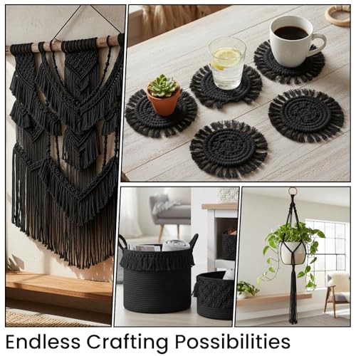 109 Yards Macrame Cord 4 Strand Twisted Recycled Cotton 4mm Black String for Crafts Wall Hangings Plant Hangers DIY Knitting Macrame Supplies - color: Black, size: 4mmx109Yards