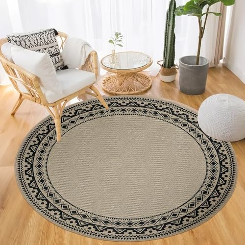 Round Easy Jute Rug 4Ft Boho Carpet for Farmhouse Cottage Bedroom Living Room Entryway Balcony Patio, Circle Black Geometric Washable Low Pile Thin Floor Mat, Indoor Outdoor Home Decor - color: Boho, size: 4'