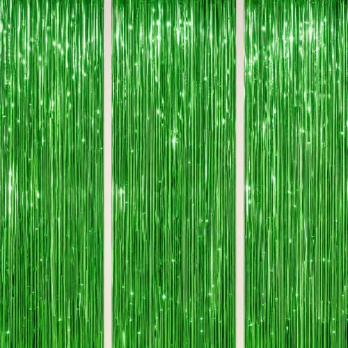 DECOCKRAT 3 Pack Foil Fringe Backdrop - Green Shiny Tinsel Curtains for Party Decoration/Photo Booth Props - 3.3x8.2 FT Metallic Foil Backdrop for Birthday, Wedding, Graduation, Christmas. - color: Green