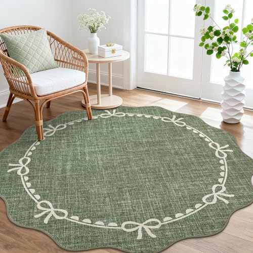 GarveeHome Scalloped Bow Rug for Living Room, 6ft Round Rugs Washable Solid Green Rug for Dorm Soft Low Pile Non Slip Scalloped Rugs for Nursery Bedroom Decor Kids Room Playroom - color: Green, size: 6' (Round)