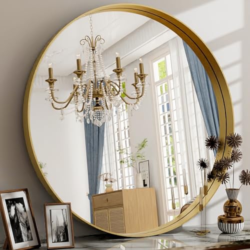 32 Inch Round Bathroom Mirror - Wall Mounted Circle Mirror with Metal Frame, Modern Mirror Suitable for Bathroom, Vanity, Entryway, Living Room, Wall Decor,Gold - color: Gold, size: 32"L x 32"W