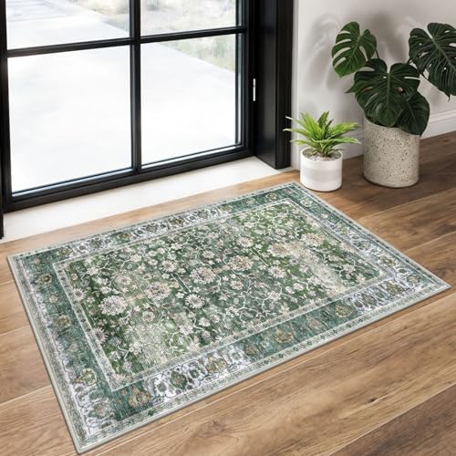 KUTA Vintage Floral Green Entryway Rug 2x3, Kitchen Rugs Non-Slip Washable Throw Rug, Ultra Thin Soft Print Front Door Mat Indoor Doormat for Entrance, Bedside, or Small Spaces - color: Green, size: 2' x 3' (Rectangular)