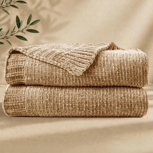 Chenille Throw Blanket for Couch, Cozy Soft Blanket Lightweight Decorative Throw for Living Room Sofa Chair, Stylish Home Decor, Ideal for Gifting, Khaki 50"x60" - color: Khaki, size: Throw