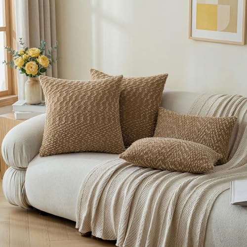 a moment Brown Pillow Covers Set of 2 with Plush Cluster Texture (18x18 Inch), Decorative Throw Pillows for Living Room, Couch Bed, Sofa, Cozy Accent Pillow Cases for Home Decor (No Inserts) - color: Brown, size: 18" x 18" (Pack of 2)