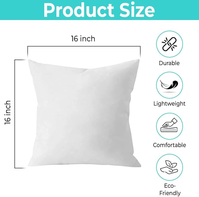 Throw Pillow Inserts (Set of 2, White), 16x16 Inches - Premium Cushion Fillers for Sofa, Bed, and Home Décor (16x16 Inch (Pack of 2))