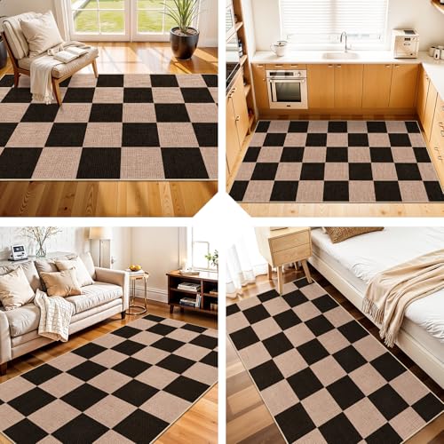 Checkered 3x5 No Shed Jute Rug: Machine Washable Non Slip Rugs for Entryway Front Porch Kitchen - Door Mat Area Rug Farmhouse Neutral Non Shedding - Carpet for Bedroom Living Room (Black,3x5) - color: Black, size: 3' x 5' (Rectangular)