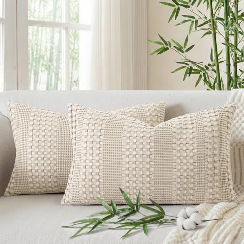 a moment 2 Pack Bamboo Fiber Pillow Covers - Waffle Weave, Ultra Soft & Breathable, Skin-Friendly Cotton Throw Pillow for Couch, Sofa, Bedroom Living Room 12x20 Inch Beige - color: Beige, size: 20" x 12" (Pack of 2)