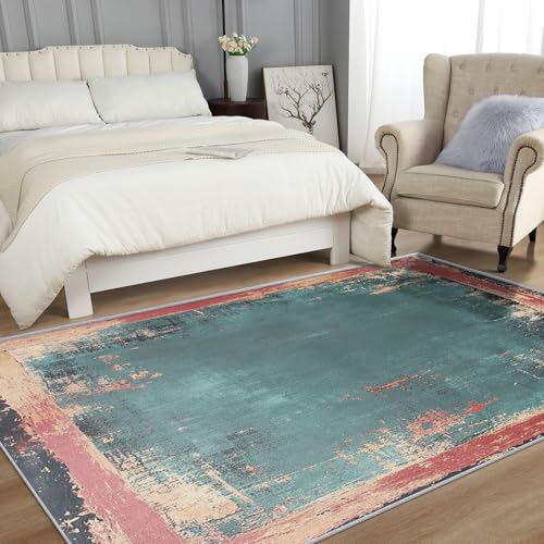 Area Rug 5x7, Vintage Distressed Rug, Worn Antique Carpet, Washable Abstract Faded Rugs for Living Room, Bedroom, Dining Room, Office, Non-Slip, Pet-Friendly, 5 x 7 ft - color: Teal and Rust, size: 5 x 7 ft