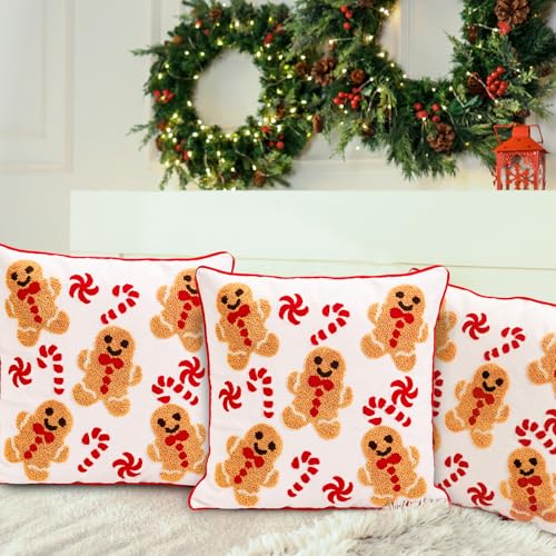Whaline 2 Pcs Christmas Tufted Throw Pillow Covers Xmas Red White Gingerbread Man Candy Cane Pillowcase Winter Pillowslip Cushion Cover for Sofa Couch Bed Home Party Decor, 18 x 18 Inch