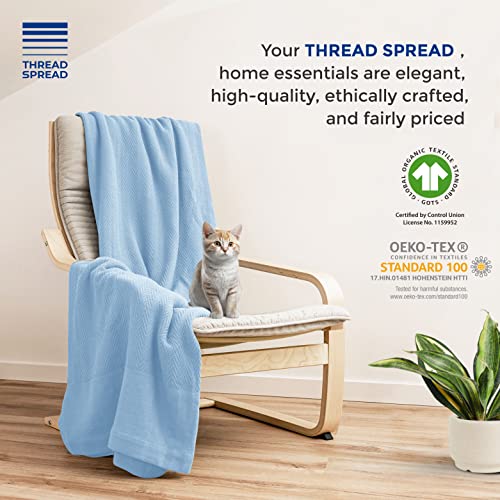 THREAD SPREAD 100% Pure Cotton, Luxury Twin/Twin XL Size Light Blue Blanket - Herringbone Pattern, Soft & Cozy Premium Fall Throw Blanket for All Seasons, 350 GSM & 68 x 92 with Free Tote Bag - color: Herringbone - Light Blue, size: Twin / Twin XL