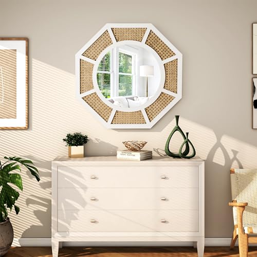 24" Large Rattan Wall Mirror Decoraive Boho Wall Decor Large Rattans Mirror Natural Woven Rattan Mirrors for Farmhouse,Living Room,Bedroom,Bathroom,White Frame