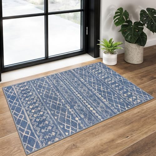 KUTA Moroccan Boho Entryway Rug, 2x3 Blue Beige Entrance Small Area Rug Non-Slip Washable, Ultra Soft Vintage Geometric Low-Pile Indoor Door Mat Floor Carpet for Kitchen - color: Blue Beige, size: 2' x 3' (Rectangular)