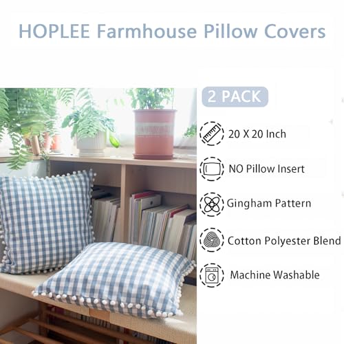 HOPLEE Farmhouse Throw Pillow Covers Light Blue Pillow Covers 20x20 Buffalo Plaid Check Gingham Pillows Covers Blue and White Pillow Covers with Pom Pom for Home Decor 20x20 Inches Set of 2 - color: Blue Gingham Pom, size: 20" x 20" (Pack of 2)