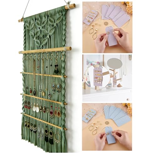 Macrame Jewelry Hanger, Hanging Jewelry Organizer,Boho Earring Holder Wall Mounted Necklace Holder, Tapestry Earrings Display, Bracelet Storage Minimalist Decor Tassel for Women Room (Sage Green) - color: Sage Green