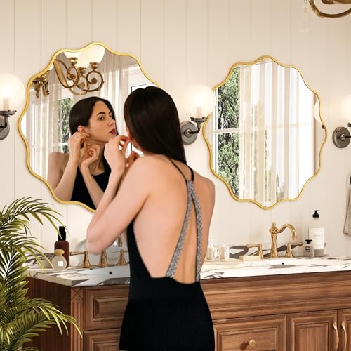 Kelly Miller 32 Inch Gold Round Wavy Mirror, Large Scalloped Edge Decorative Wall Mirror for Bathroom Bedroom Living Room Entryway Vanity Fireplace - size: 32"L x 32"W