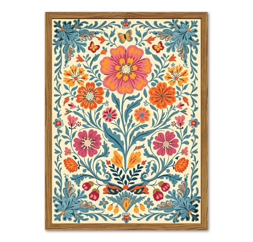 Framed Vintage Mexican Floral Canvas Wall Art, Colorful Folk Flower Wall Decor Pictures, Boho Botanical Painting Prints Rustic Home Decor for Living Room Bedroom 12x16 inch - color: Mexican Floral, size: 16"L x 12"W