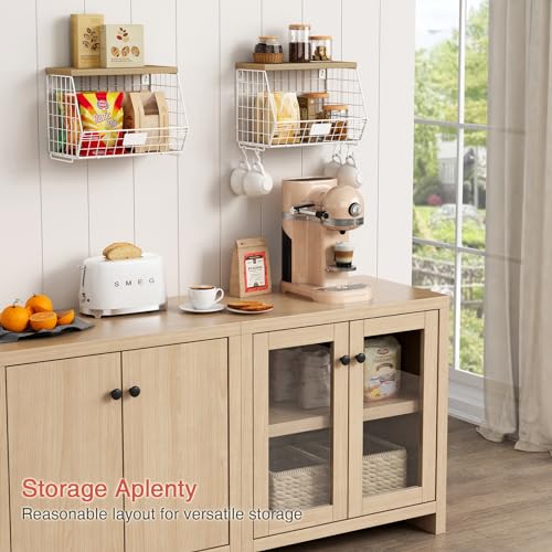 Goozii White Fruit Storage Basket for Kitchen Counter Set of 2, Wall Mount Wire Fruit Basket with Shelf with Banana Hanger, Hanging Countertop Organizer for Bathroom Pantry Cabinet, White + Natural - color: White + Natural Wood