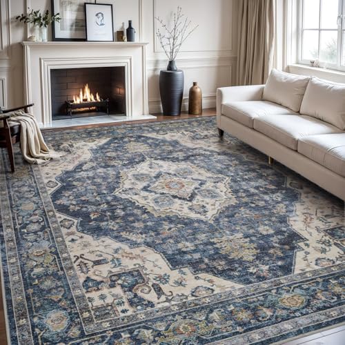 AMOAMI-Area Rug 8X10 Rugs for Living Room-Vintage Soft Blue Rugs for Bedroom-Non Slip Carpet-Washable Rug for Dining Room Living Room Bedroom Office Under Table - color: Blue, size: 8' x 10' (Rectangular)