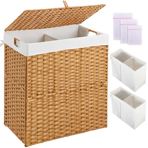 Greenstell Laundry Hamper with lid, No Install Needed, 110L Wicker Laundry Baskets Foldable 2 Removable Liner Bags, 2 Section Clothes Hamper Handwoven Rattan Laundry Basket with Handles, Natural - color: Natural