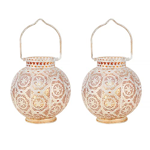 TRIROCKS Set of 2 Moroccan Style Metal Table Lamp 7'' High Battery Powered Cordless Lamp with LED Fairy Lights Bulb Perfect for Home Living Room Parties Tabletop Indoors(White) - color: White