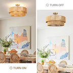 23.6'' Boho Rattan Chandelier Hand Woven Chandelier Light Fixture 3-Light Farmhouse Drum Pendant Light for Dining Room Bedroom Kitchen Hallway Foyer - color: 23.6" Rattan Gold