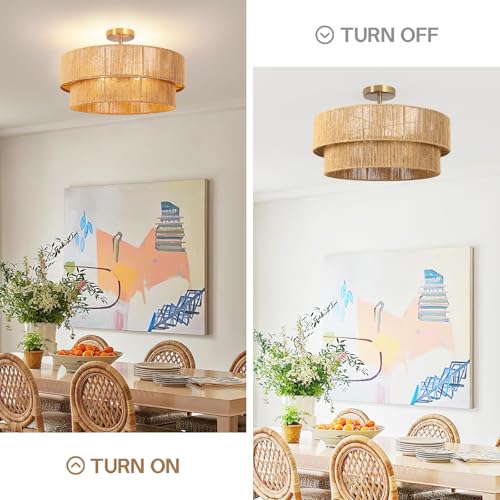 23.6'' Boho Rattan Chandelier Hand Woven Chandelier Light Fixture 3-Light Farmhouse Drum Pendant Light for Dining Room Bedroom Kitchen Hallway Foyer - color: 23.6" Rattan Gold