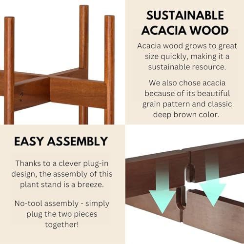 Fox & Fern Mid Century Plant Stand — 10 Inch Fixed Size Wooden Plant Stand for Indoor Planters (Not Included) - Raised Flower Pot Holder for Indoors - Plug In Design - Two Height Options - Acacia - color: Acacia, size: 10 Inch - Fixed