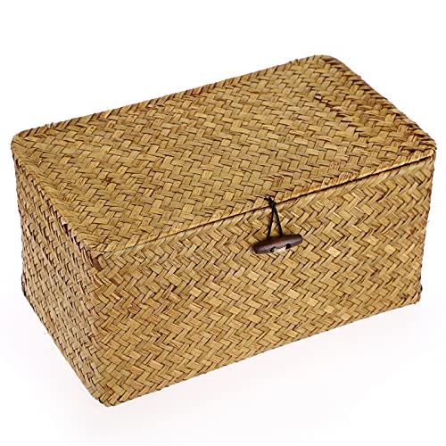 Hipiwe Wicker Shelf Baskets Bin with Lid, Handwoven Seagrass Basket Storage Bins Rectangular Household Basket Boxes for Shelf Wardrobe Home Organizer, Caramel Medium - color: Caramel, size: Medium
