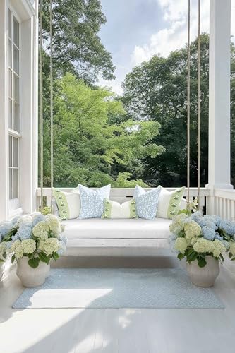 Hofdeco Premium Grandmillennial Coastal Hampton Patio Indoor Outdoor Lumbar Pillow Cover Only, 12"x20" Water Repellent for Backyard, Couch, Poolside, Green Print Block Print Striped Lily of the Valley - color: Grass Green Block Print Striped Lily of the V