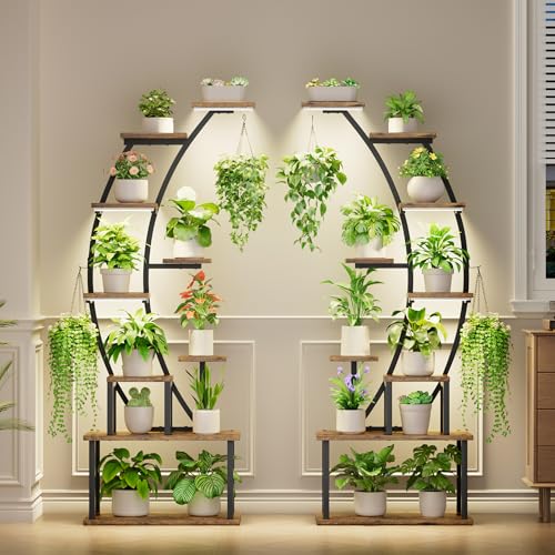BACEKOLL Plant Stand Indoor with Grow Lights, 9 Tiered Metal Plant Shelf, 64" Tall Plant Stand for Indoor Plants Multiple, Large Plant Rack Display Shelf, Curved Plant Holder for Living Room, Patio