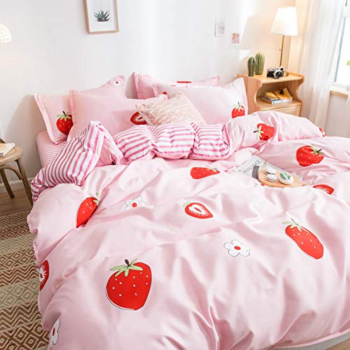 Girls Pink Strawberry Duvet Cover Set Sweet Floral Print Comforter Cover Set Cute Fruit Theme Bedspread Cover with Zipper,Luxury Reversible Stripes Bedding(Queen) - color: Multi 47, size: Queen