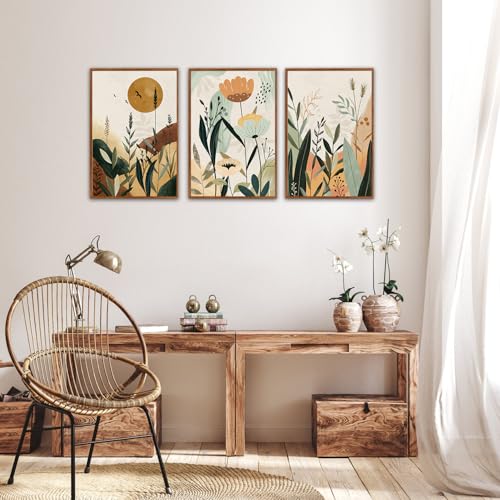 KAIRNE Neutral Floral Wall Art Set of 3,Framed Abstract Prints,Vintage Colorful Flower Canvas,Boho Botanical Artwork,Minimalist Farmhouse Decor for Living Room Bedroom Kitchen Office,16X24 inch - color: Neutral Floral(medium), size: 16"Lx24"W
