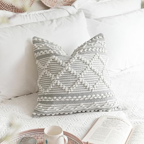 BlissBlush Gray White Decorative Throw Pillow Cover 22X22, Boho Accent Pillow for Couch, Square Modern Farmhouse Pillowcase for Living Room Couch Sofa Cushion Home Décor (Pack of 1) - color: Gray White, size: 22" x 22" (Pack of 1)