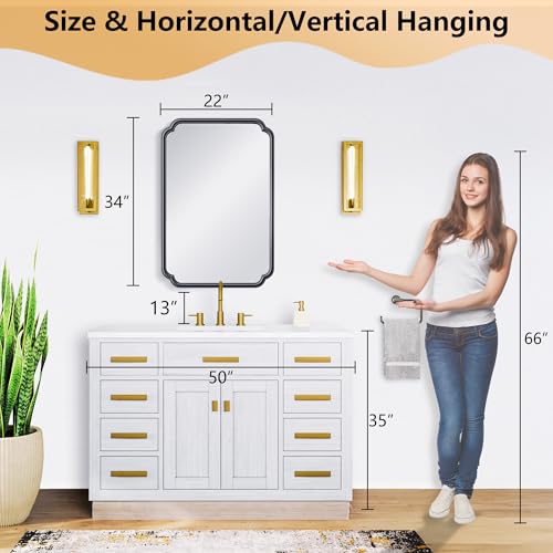 Ferytange 22x34 Inch Black Bathroom Mirror, Metal Framed Wall Mirror with Rounded Edges, Rustproof Horizontal Vertical Hanging for Vanity Over Sink - color: Black, size: 34"L x 22"W